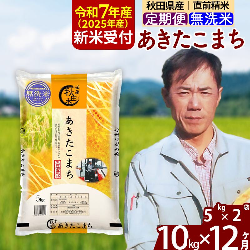 ※令和7年産 新米予約※《定期便12ヶ月》秋田県産 あきたこまち 10kg【無洗米】(5kg小分け袋) 2025年産 お届け周期調整可能 隔月に調整OK お米 みそらファーム