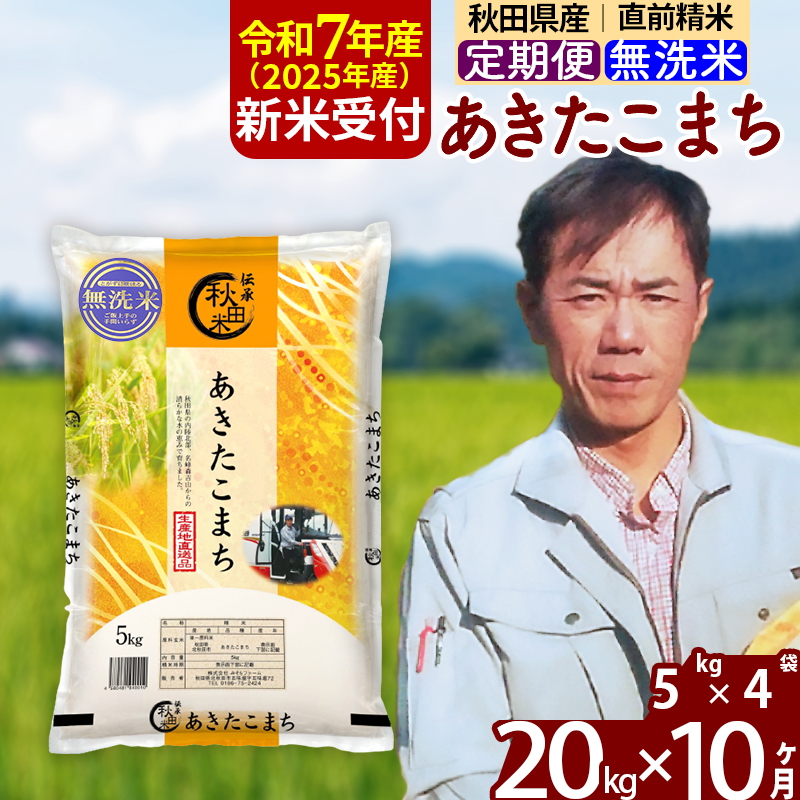 ※令和7年産 新米予約※《定期便10ヶ月》秋田県産 あきたこまち 20kg【無洗米】(5kg小分け袋) 2025年産 お届け周期調整可能 隔月に調整OK お米 みそらファーム