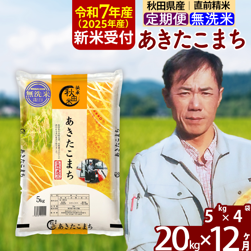 ※令和7年産 新米予約※《定期便12ヶ月》秋田県産 あきたこまち 20kg【無洗米】(5kg小分け袋) 2025年産 お届け周期調整可能 隔月に調整OK お米 みそらファーム
