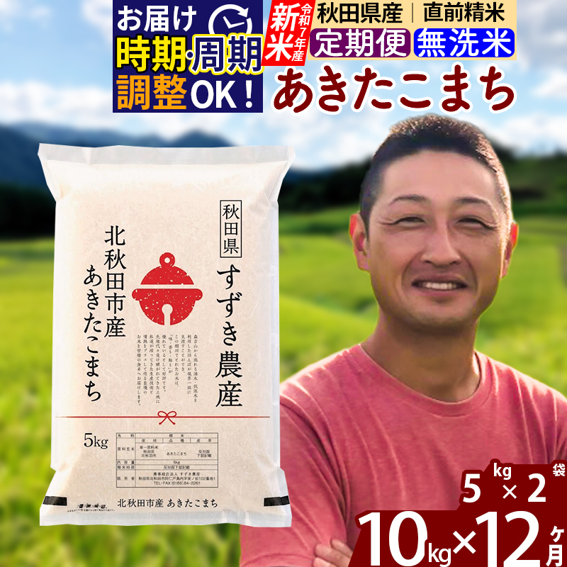 ※令和7年産 新米※《定期便12ヶ月》秋田県産 あきたこまち 10kg【無洗米】(5kg小分け袋) 2025年産 お届け時期選べる お届け周期調整可能 隔月に調整OK お米 すずき農産