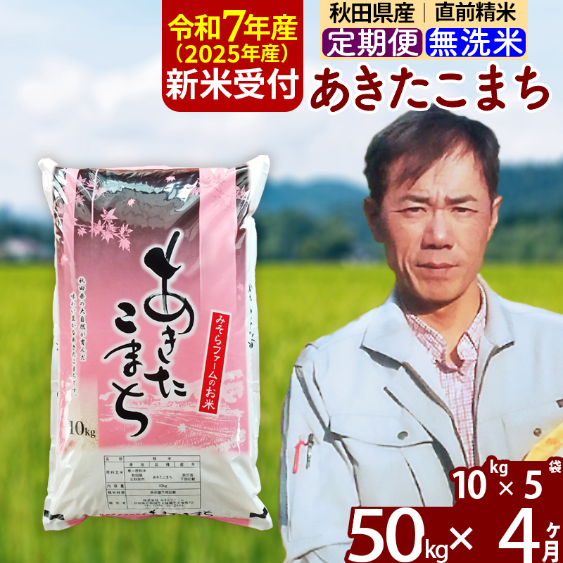 ※令和7年産 新米予約※《定期便4ヶ月》秋田県産 あきたこまち 50kg【無洗米】(10kg袋) 2025年産 お届け時期選べる お届け周期調整可能 隔月に調整OK お米 みそらファーム