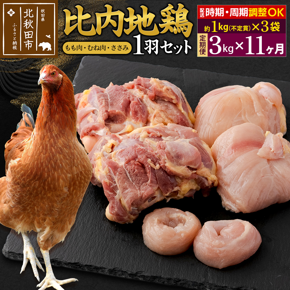 《定期便11ヶ月》 比内地鶏 1羽セット（もも肉・むね肉・ささみ）約3kg（約1kg（不定貫）×3袋）×11回 計33kg 時期選べる お届け周期調整可能 11か月 11ヵ月 11カ月 11ケ月 33キロ 国産 冷凍 正肉 鶏肉 鳥肉