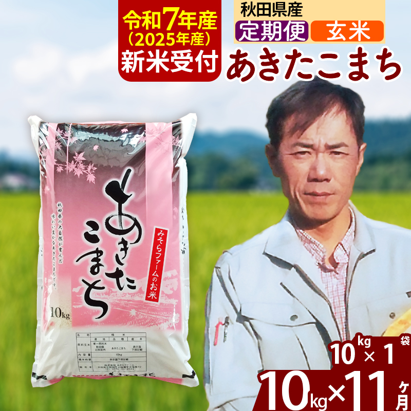 ※令和7年産 新米予約※《定期便11ヶ月》秋田県産 あきたこまち 10kg【玄米】(10kg袋) 2025年産 お届け周期調整可能 隔月に調整OK お米 みそらファーム