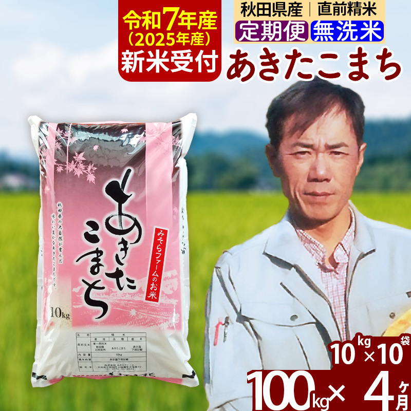 ※令和7年産 新米予約※《定期便4ヶ月》秋田県産 あきたこまち 100kg【無洗米】(10kg袋) 2025年産 お届け時期選べる お届け周期調整可能 隔月に調整OK お米 みそらファーム