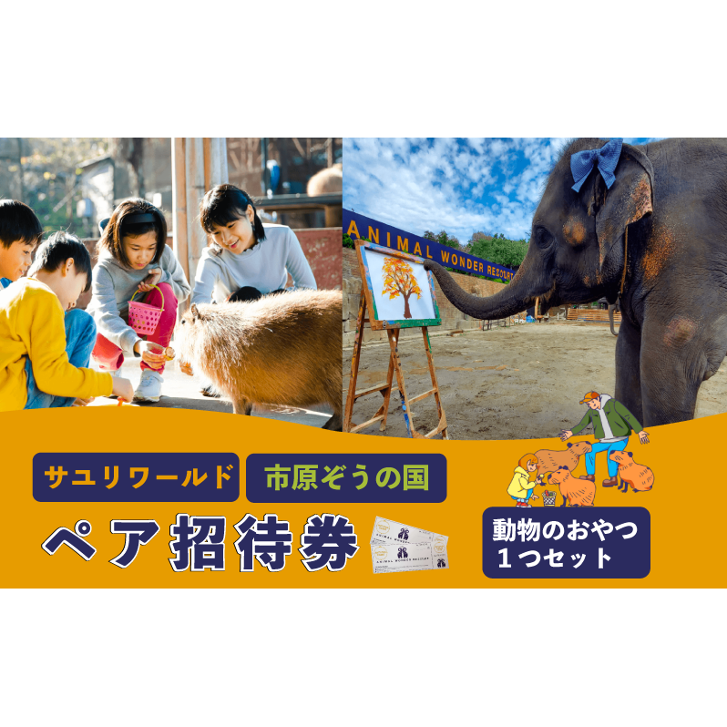 市原ぞうの国 ペア 招待券 + 動物のおやつ 1つセット 動物園 チケット 入場券 優待券 レジャー 体験 施設利用券
