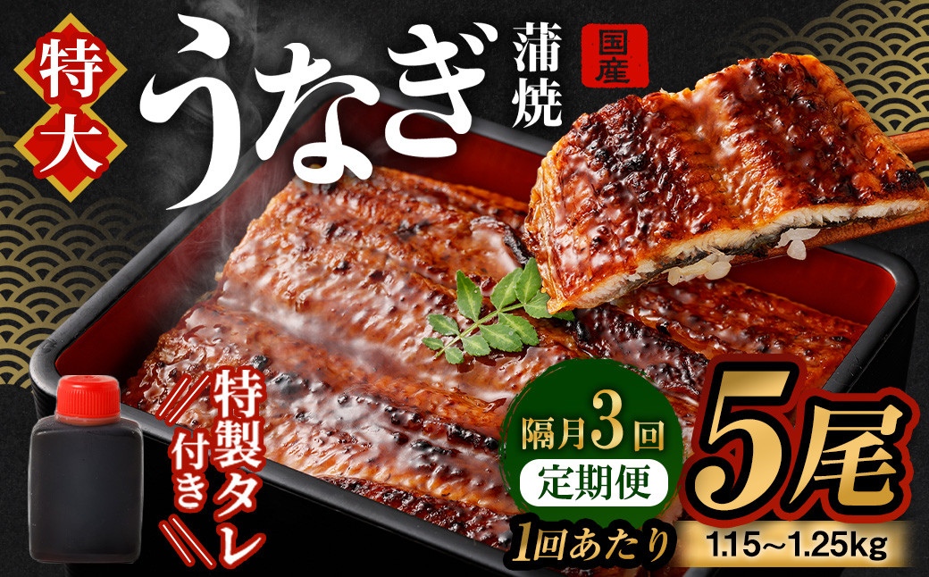 【隔月3回定期便】国産 うなぎ 蒲焼 5尾 (1.15kg~1.25kg)と 特製 タレ 5個 セット|  鰻 国産うなぎ 蒲焼き かば焼き うな重 ひつまぶし ウナギ タレ付き 冷凍 定期便 大阪府 阪南市