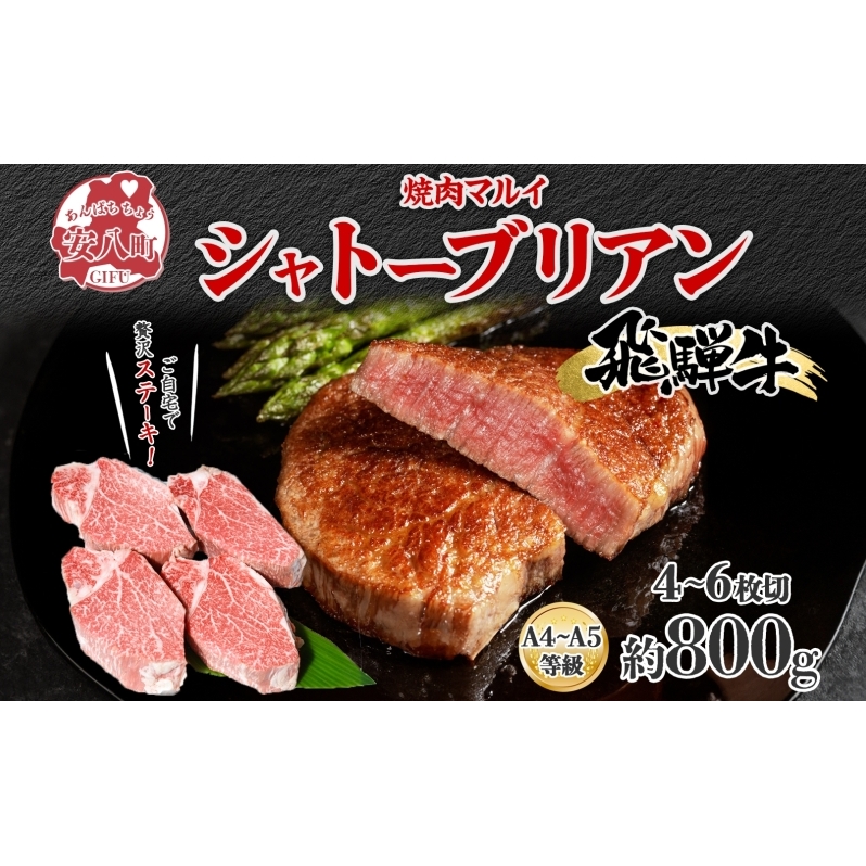 飛騨牛 シャトーブリアン ステーキ 約800g 4～6枚切り 肉 牛肉 和牛 ブランド牛 お肉 ビーフ ヒレ 希少部位 赤身 贅沢 国産 お取り寄せ ご褒美 豪華 グルメ 焼肉 BBQ パーティー ギフト 贈り物 自家用 贈答用 送料無料 焼肉マルイ 岐阜県 【 安八町 】