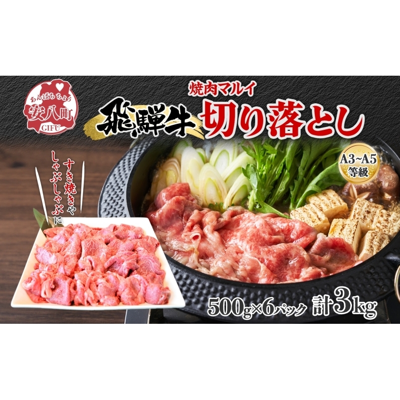 飛騨牛 切り落とし A3～A5等級使用 約3kg 約500g×6パック 肉 牛肉 和牛 ブランド牛 お肉 ビーフ しゃぶしゃぶ すき焼き 国産 お取り寄せ ご褒美 豪華 グルメ 焼肉 BBQ パーティー ギフト 贈り物 自家用 贈答用 送料無料 焼肉マルイ 岐阜県 【 安八町 】