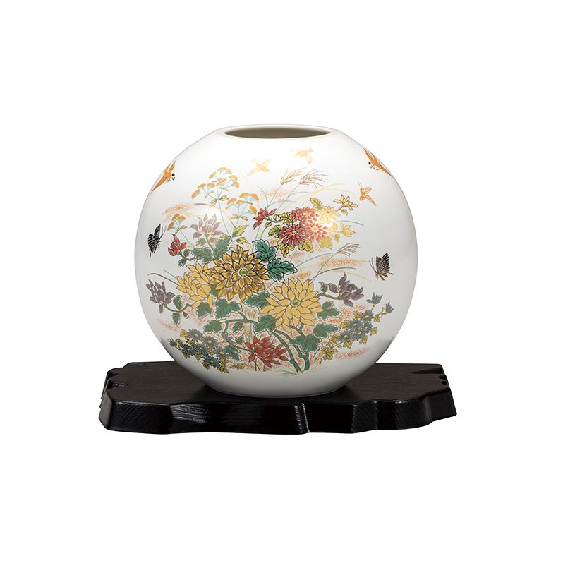 九谷焼　5.5号花瓶　金菊花に雀（台付） 