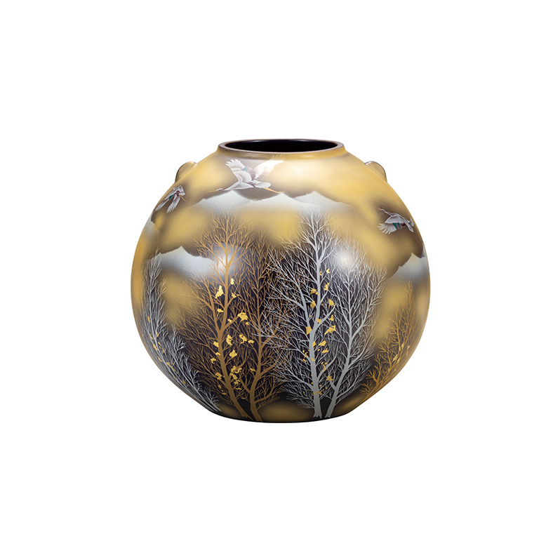 九谷焼　8号花瓶　金雲鶴木立 