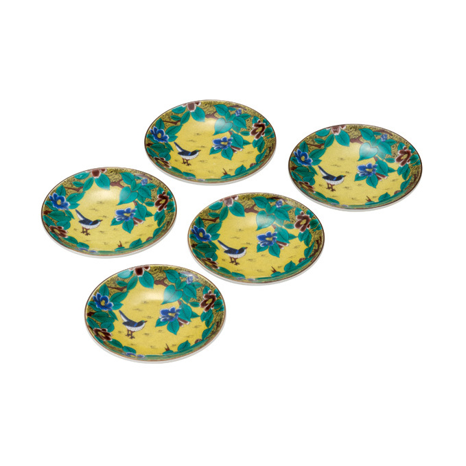 九谷焼　3.2号皿揃　吉田屋椿に鳥 （5枚セット）a01 工芸品 