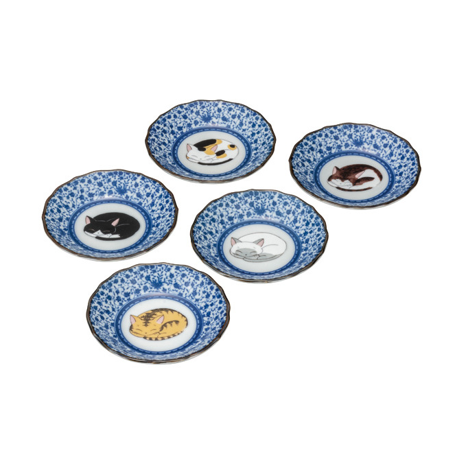 九谷焼　4号皿揃　眠り猫（5枚セット） a01 食器 キッチン雑貨 キッチンアイテム 雑貨 小物 お皿 丸皿 食卓 テーブルコーディネート 取り皿 