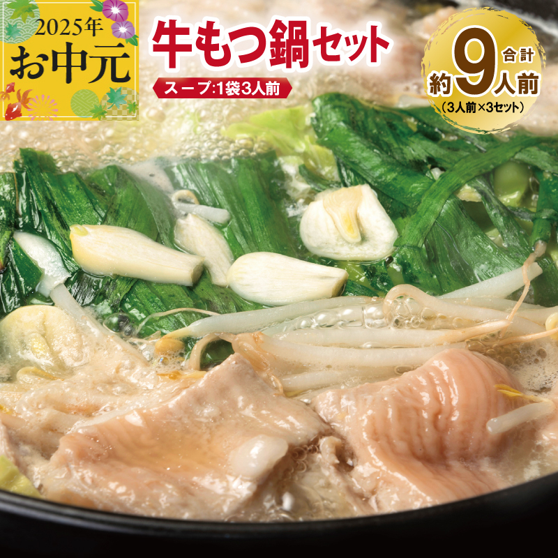 [お中元] 牛もつ鍋セット スープ付 合計約9人前[味付け 小分け 牛肉 ホルモン 醤油ベーススープ 簡単調理 3人前×3セット] 099H3382t