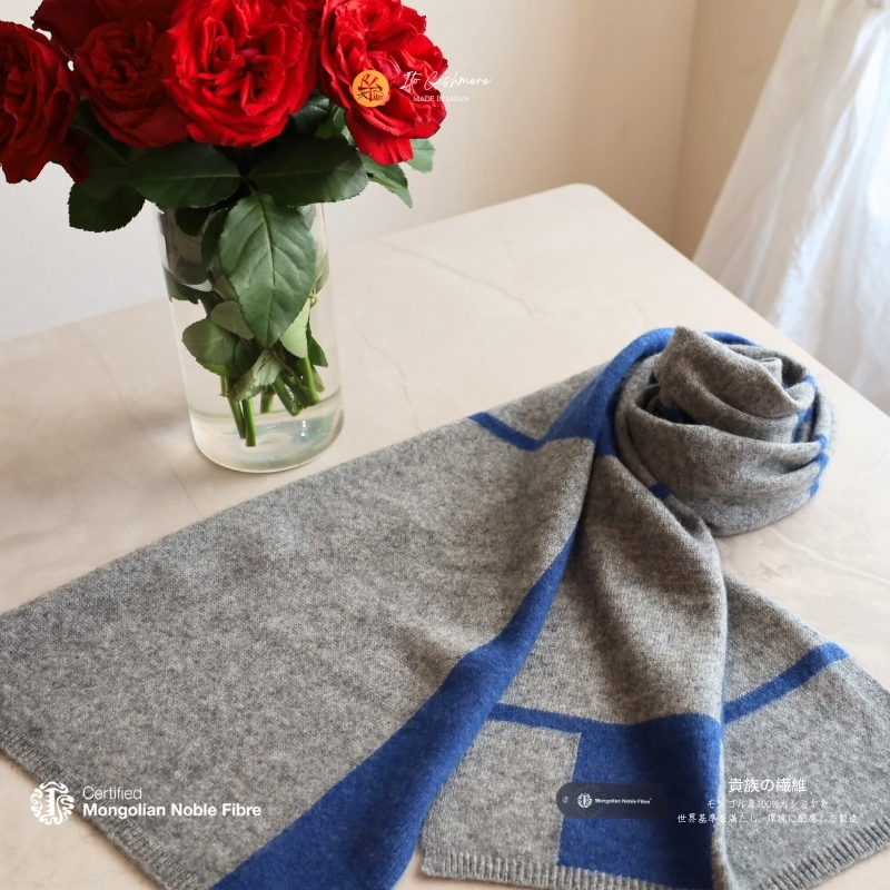 『Noble Fibre』100％カシミヤ・マフラー デニムインターシャ G3322