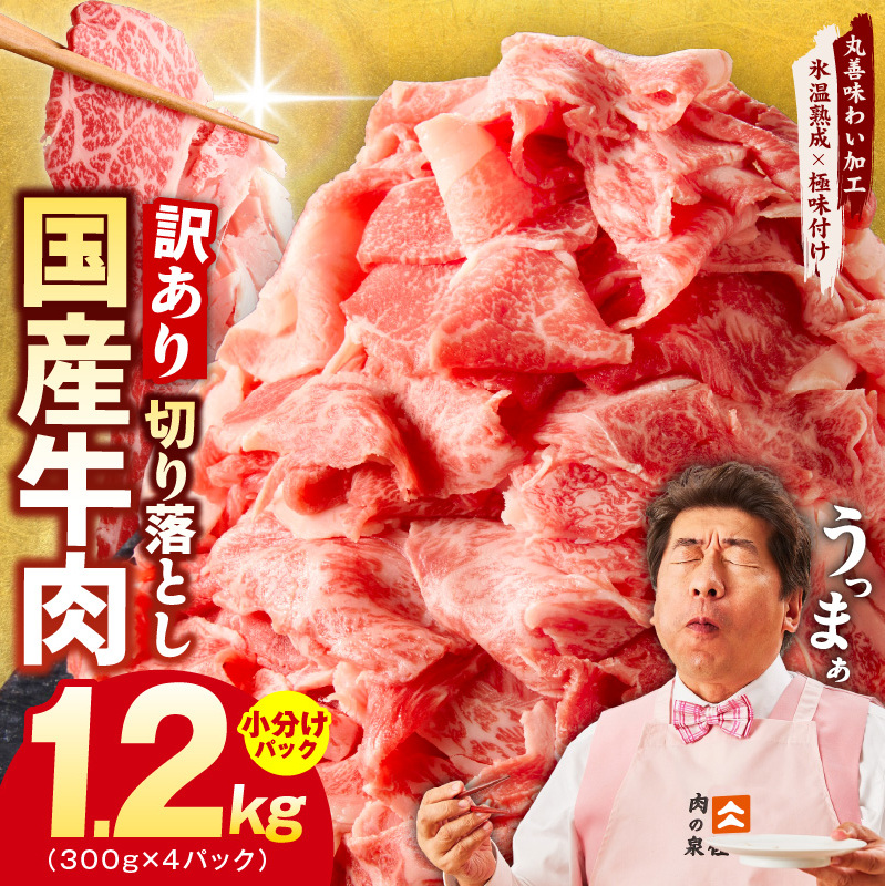 【TVで紹介！】国産牛 切り落とし 1.2kg 小分け 300g×4P【国産 牛肉 氷温熟成×極味付け 訳あり サイズ不揃い カレー 牛丼 野菜炒め 肉じゃが 家計応援】 mrz0118