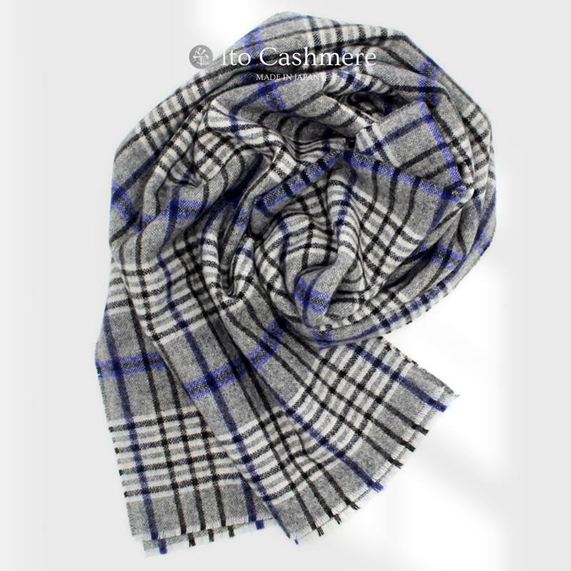 【100％ピュアカシミヤ】マフラー フリンジ無し グレーチェック【高級 カシミア おしゃれ ファッション 防寒 かしみあ】 099H3504