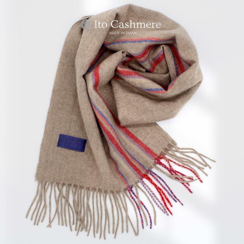【100%ピュアカシミヤ】マフラー フリンジ付き キャメル×ストライプ【高級 カシミア おしゃれ ファッション 防寒 かしみあ】 099H3505