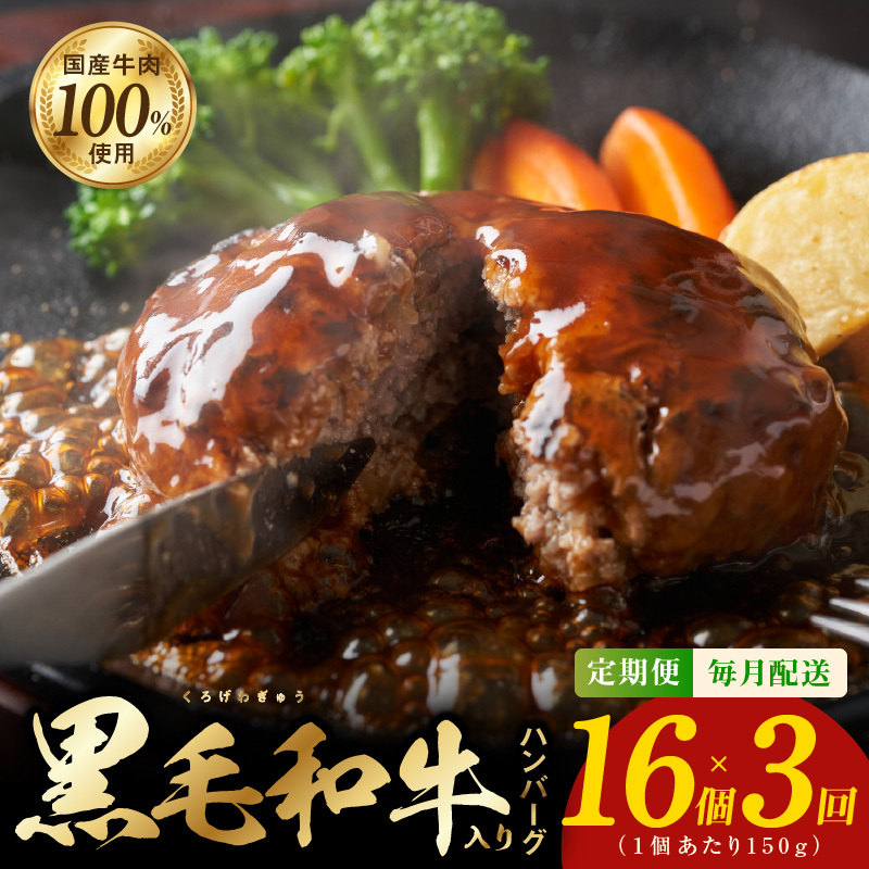 黒毛和牛入り 国産牛肉100% ハンバーグ 定期便 16個×全3回 150gサイズ【毎月配送コース 個包装 ハンバーグ 牛肉 はんばーぐ 小分け 惣菜 冷凍 数量限定】 099Z376