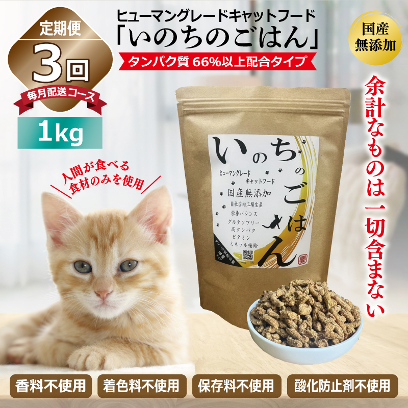 【定期便】国産無添加 キャットフード 1kg×全3回「いのちのごはん」タンパク質 66％以上配合タイプ【猫 ねこ ペットフード チキン 手作り ヒューマングレード 国産 毎月配送】 099Z330