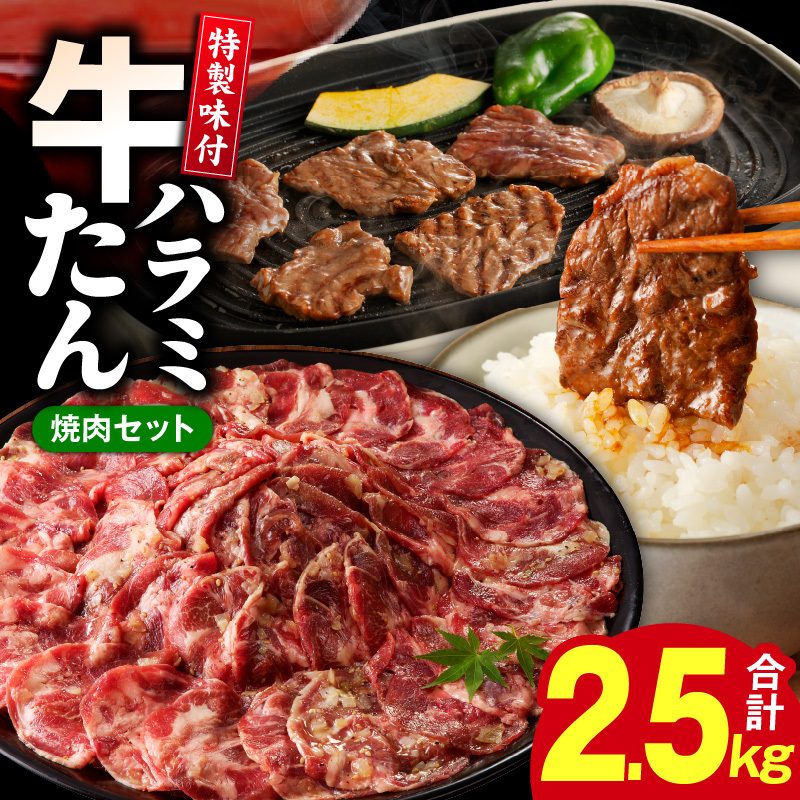 牛タン＆牛ハラミ 総量 2.5kg 焼肉セット【成型牛たん ハラミ 牛肉 焼肉用 薄切り 訳あり サイズ不揃い】 G1805