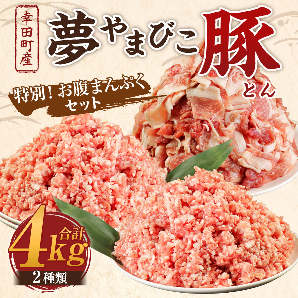 夢やまびこ豚 特別!お腹まんぷくセット 小間切れ 挽肉 計4kg(各500g×4袋) 豚肉 お肉 豚 こま切れ ミンチ