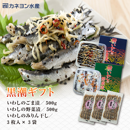 いわし 黒潮セット 漬魚 みりん干し おかず おつまみ つまみ 海鮮 魚介 魚介類 加工食品 醸造酢 生姜 唐辛子 黒煎りごま 人気の一品 酒の肴 海鮮セット 干物 ひもの イワシ ごま漬 野菜漬 
