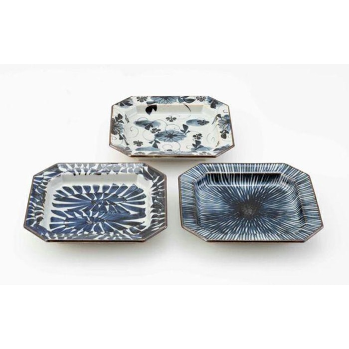 【AB946】【波佐見焼】15×16cm八角取皿3柄3枚組 手描き古染紋 【西海陶器】20582