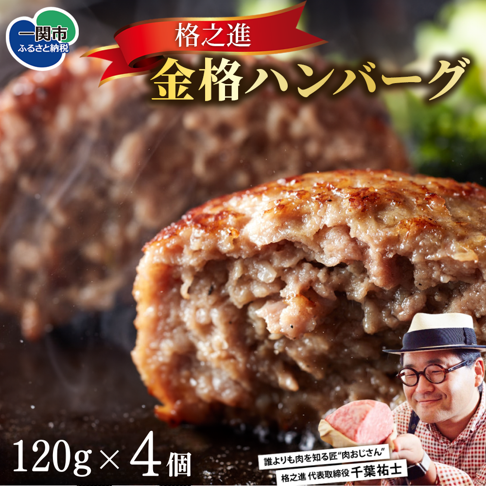 格之進 金格 ハンバーグ ( 120g × 4個 ) 冷凍 小分け 個包装 高評価 人気 プレミアム ハンバーグ [ 高級 国産 牛肉 豚肉 白金豚 おかず 惣菜 おすすめ 肉 ビーフ ポーク ひき肉 挽肉 贈り物 ギフト 一関 岩手 ]