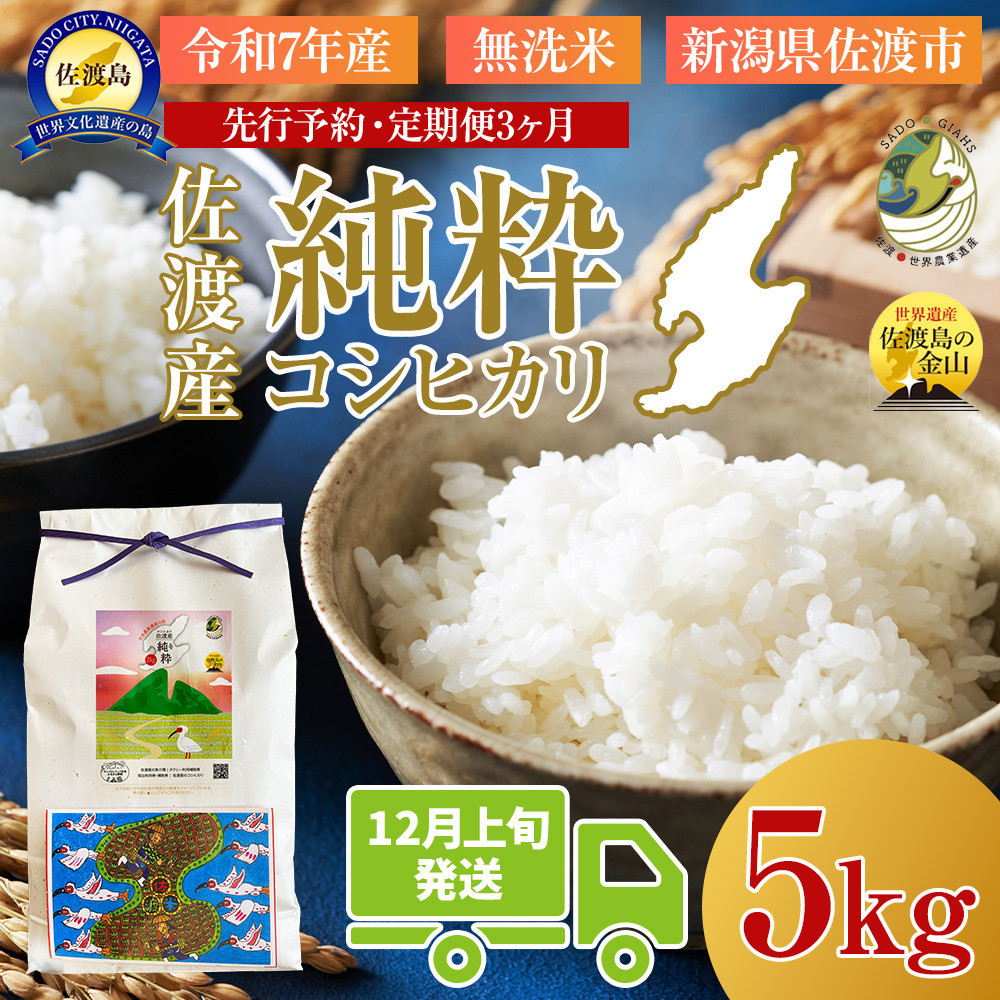 <定期便3回>【令和7年産・数量限定】新潟県佐渡産の純粋コシヒカリ 精米【無洗米】5kg×3回 送料無料 R7年12月上旬~R8年2月上旬の3回送付