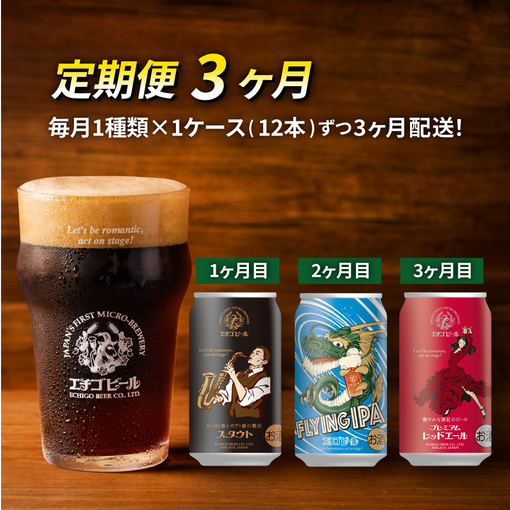 【定期便3ヶ月】エチゴビール【1ヶ月目】スタウト350ml缶×12本【2ヶ月目】FLYING IPA350ml缶×12本【3ヶ月目】プレミアムレッドエール350ml缶×12本 ビール 全国第一号 クラフトビール 350ml 缶 12本 酒 定期便 3回 お楽しみ