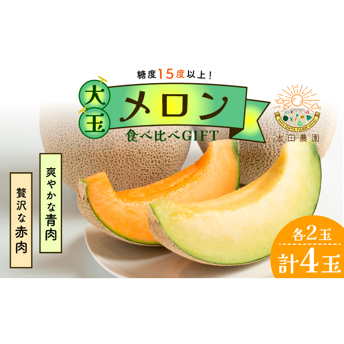太田農園メロン“GIFT”赤肉メロン&青肉メロンセット(各2玉ずつ) 2025年 先行予約 メロン セット 糖度 赤肉 青肉  高級 果物 フルーツ おやつ デザート 新潟 夏フルーツ