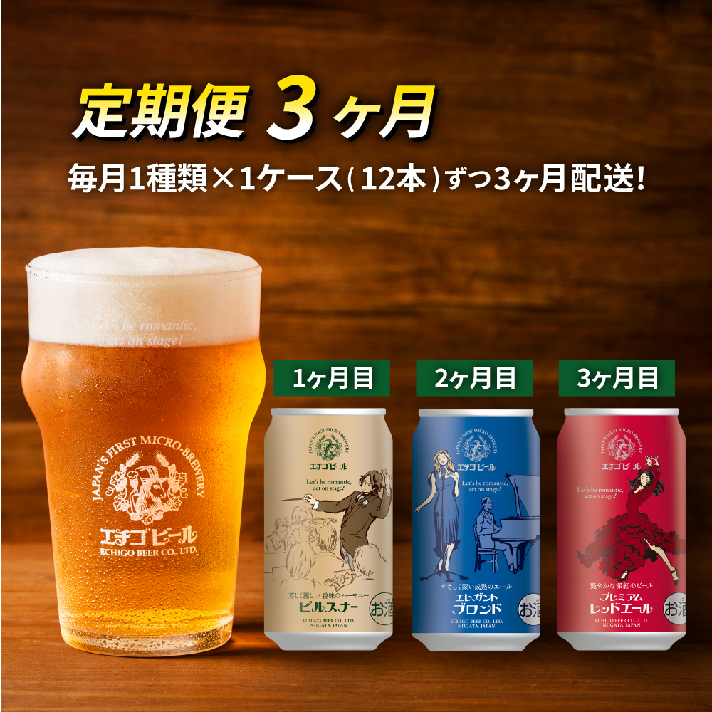 【定期便3ヶ月】エチゴビール【1ヶ月目】ピルスナー350ml缶×12本【2ヶ月目】エレガントブロンド350ml缶×12本【3ヶ月目】プレミアムレッドエール350ml缶×12本 ビール クラフトビール 350ml 缶 12本 お酒 定期便 3回 お楽しみ