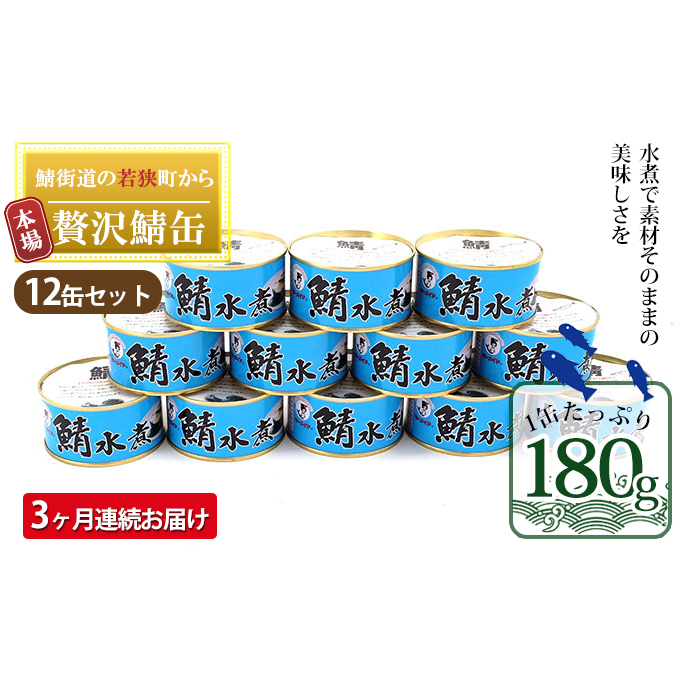 【3ヶ月連続お届け】若狭の鯖缶12缶セット(水煮) 加工食品 魚の加工品 鯖の缶詰 水煮缶 鯖の水煮 鯖の水煮缶 つまみ 調理 食材 魚の缶詰 お魚 食品 ストック 塩味 ノルウェー産 ノルウェー産鯖 DHA 便利 手軽 酒のあて