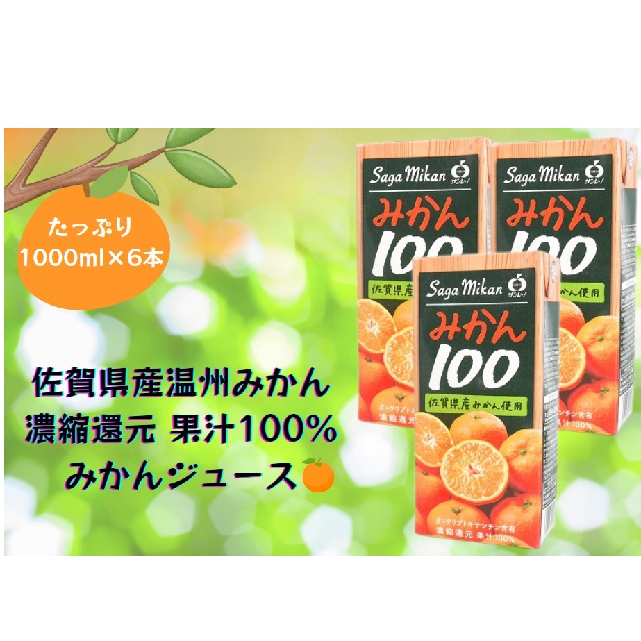 BJ016_【みかん100　6本】佐賀県産温州みかん みかんジュース 濃縮還元 国産 果汁100％ 1000ml 1L キャップ付き