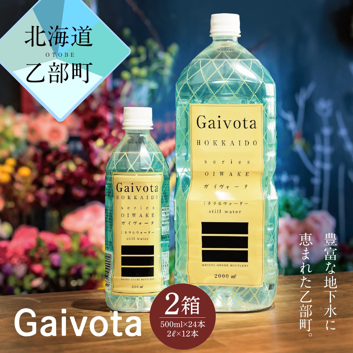 <Gaivota 1箱(500ml×24本/箱)+1箱(2L×6本/箱>北のハイグレード食品 天然シリカ水  ミネラルウォーター  軟水 北海道産 北海道 乙部町 天然水 美容 ケイ素 無添加 シリカ ガイヴォータ 美肌 ミネラル 口当たり まろやか 備蓄 災害用 非常用