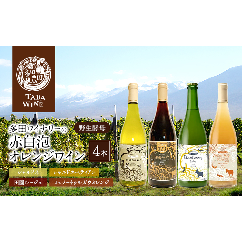 【野生酵母】かみふらの 多田ワイナリー 赤白泡オレンジワイン 計4本　ワイン 赤ワイン 白ワイン 微発泡ワイン オレンジワイン 飲み比べ セット ぶどう 葡萄 ワイナリー 酒 北海道 上富良野町