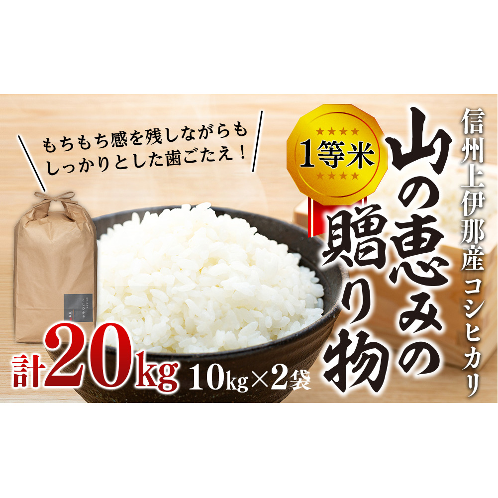【令和7年産】信州産 コシヒカリ 1等米 「山の恵みの贈り物」 20kg（5kg×4袋） （ お米 コシヒカリ 白米 搗きたて米 低温貯蔵米 食品 ) 長野県　箕輪町 