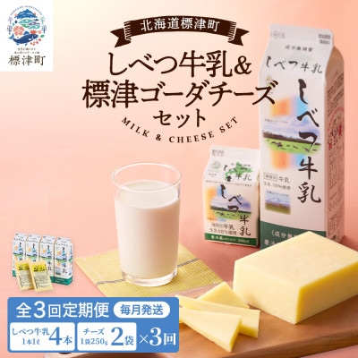 【毎月定期便】【3ヶ月定期便】しべつ牛乳4本・標津ゴーダチーズ2袋セット 北海道 詰め合わせ全3回【配送不可地域:離島】【4067105】