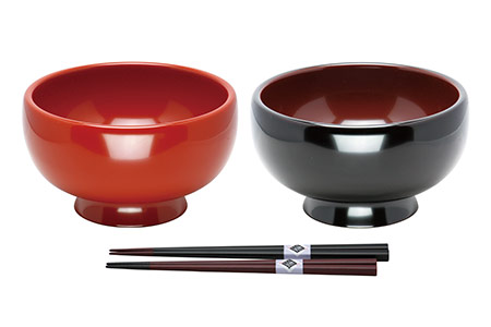 川連漆器　夫婦稲庭うどん椀　箸付【(株)阿部健吉商店】[D5301]