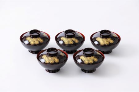 川連漆器　吸物椀　溜内朱　唐松　5客【山田漆器店】[F5605]