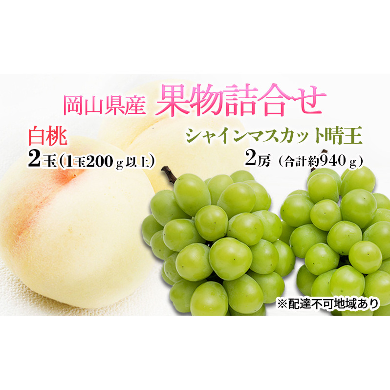 桃 ぶどう 2026年 先行予約 果物詰合せ 白桃 2玉(1玉200g以上) シャイン マスカット 晴王 2房(合計約940g)化粧箱入り 岡山県産 国産 フルーツ ギフト 果物類 セット