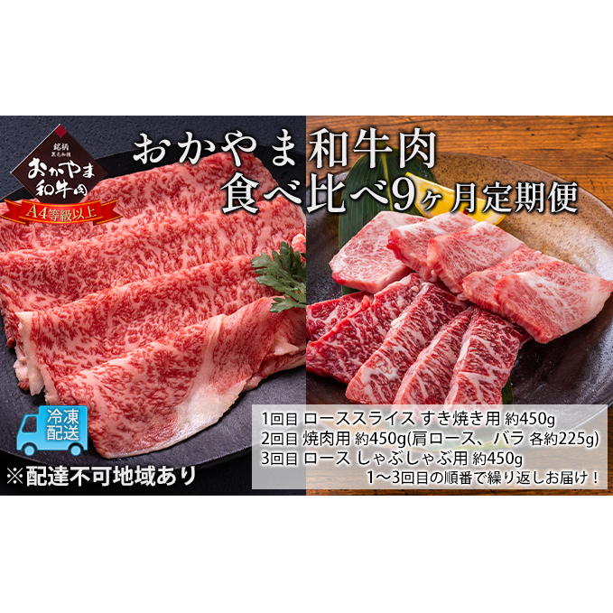 定期便 9ヶ月 おかやま 和牛肉 A4等級以上 食べ比べ 毎月 約450g×9回 牛 赤身 肉 牛肉 冷凍 良質 とろける 霜降り 優秀 有名 美味しい 血統 焼肉 バーベキュー すき焼き