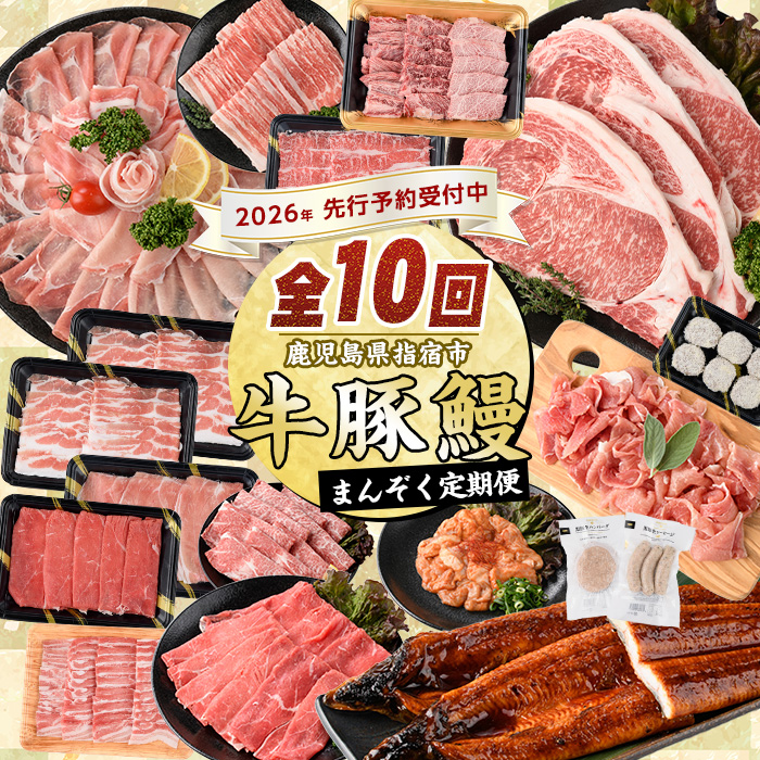 【2026年発送 先行予約】【全１０回定期便】鹿児島自慢の豚・牛・うなぎ 満足定期便(水迫畜産/Z100-528) 国産 鹿児島県産 ウナギ 鰻 牛肉 豚肉 肉 牛 豚 生ハム うなぎ蒲焼 蒲焼 蒲焼き すきやき すき焼き 生姜焼き 合いびき 合挽 味付 和牛 黒豚 いぶすき ホルモン カルビ ハンバーグ 切り落とし 焼肉 しゃぶしゃぶ ステーキ ソーセージ 指宿 鹿児島 頒布会 定期