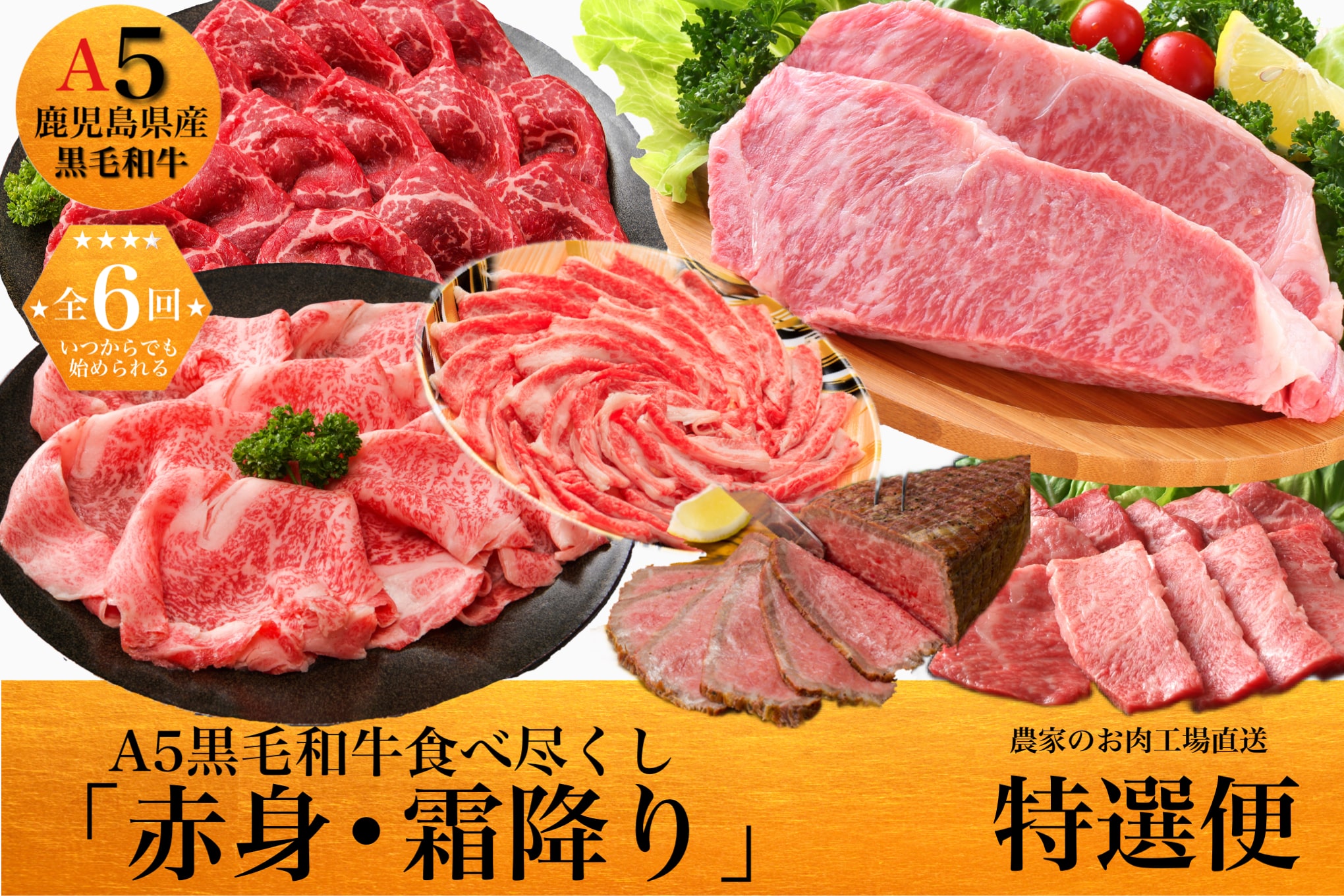 全６回定期便】鹿児島県産A5黒毛和牛霜降り・赤身食べ尽くし定期便 3kg ギフト黒箱入(水迫畜産/Z120-550)M21 肉 牛 牛肉 豚 黒豚 ローストビーフ  切り落とし すき焼き しゃぶしゃぶ 薄切り 鹿児島 いぶすき | 鹿児島県指宿市 | JRE MALLふるさと納税