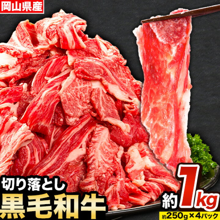 牛肉 肉 黒毛和牛 切り落とし 訳あり 大容量 小分け 1kg 1パック 250g [60日以内に出荷予定(土日祝除く)]岡山県産 岡山県 笠岡市 お肉 にく カレー 牛丼 切り落し 切落し---223_f651_60d_23_10000_1kg---