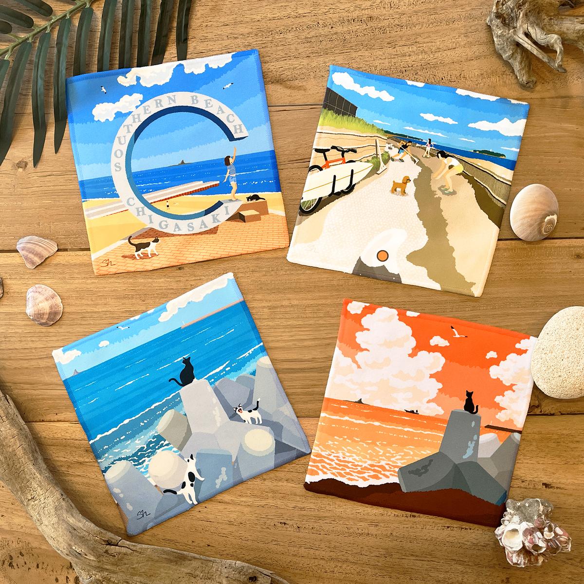 湘南・茅ヶ崎で描く、海を感じるイラストアート 『湘南ランドスケープ:ミニタオル 4枚セット』  /風景 犬 猫 サザンC ビーチ