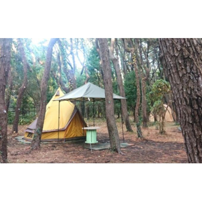 ちがさき柳島キャンプ場 セットアップテントで森林浴キャンプ アウトドア キャンプ場利用券 初心者 気軽 設置済テント BBQ 海岸遊び 焚火 テーブル付き タープ付き 5名用テント 日帰り 宿泊 