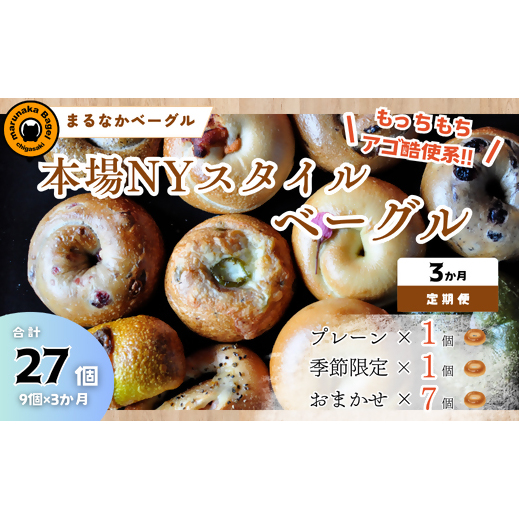 【定期便】ザ・まるなかベーグル 9個×3か月 セット ベーグル 詰め合わせ 食べ比べ もちもち フィリングたっぷり 中身ぎっしり 自家製 手作り パン モーニング ランチ 定期便 3か月 個装 個包装 冷凍 保存 朝食 昼食 ベーグル専門店 時短 