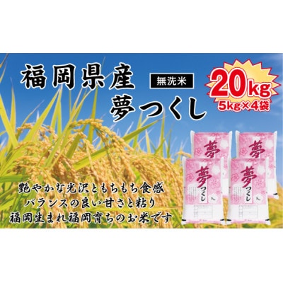 《無洗米》【令和7年産新米】【食味鑑定士厳選】福岡県産 夢つくし20kg(5kg×4袋)(岡垣町)【1664493】