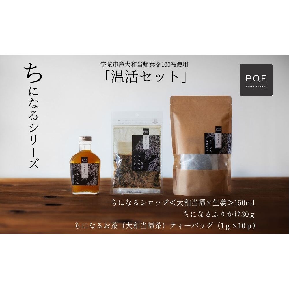 大和当帰葉商品「ちになるシリーズ」温活セット /POWER OF FOOD ふるさと納税 生姜 シロップ 瓶 ガラス瓶 国産 食材 炭酸 大和当帰葉 有機 お湯割り 甜菜糖 ハチミツ ふりかけ お茶 ご飯 はちみつ 送料無料 ち 奈良県 宇陀市